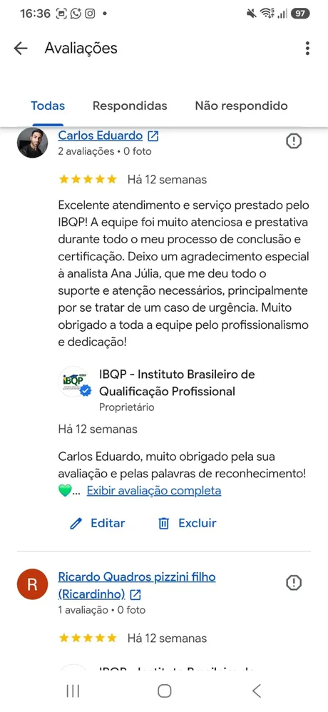 Avaliação 5 estrelas de aluno no Google